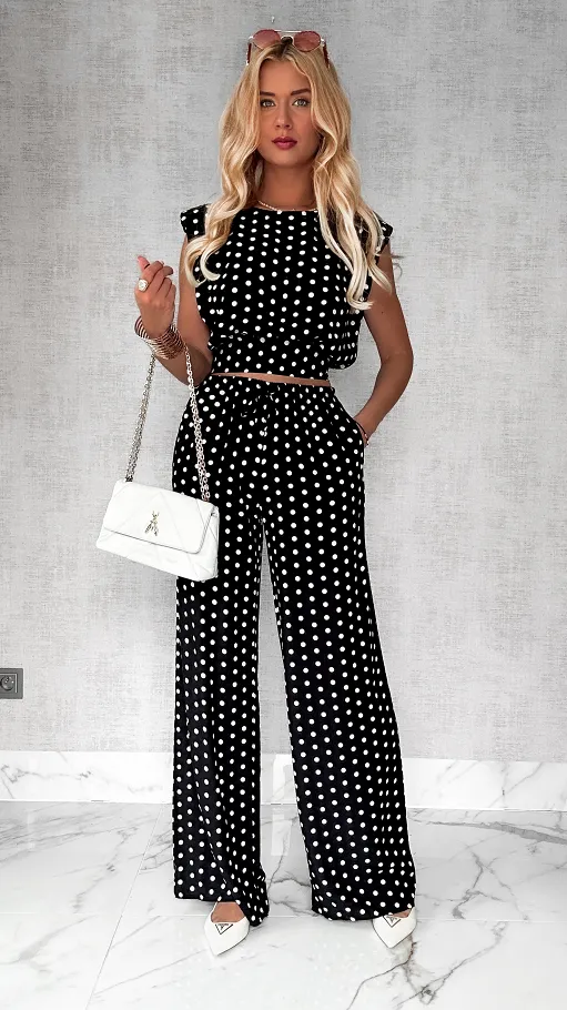 Czarny komplet na lato w grochy ONE SIZE z wiskozy - P803