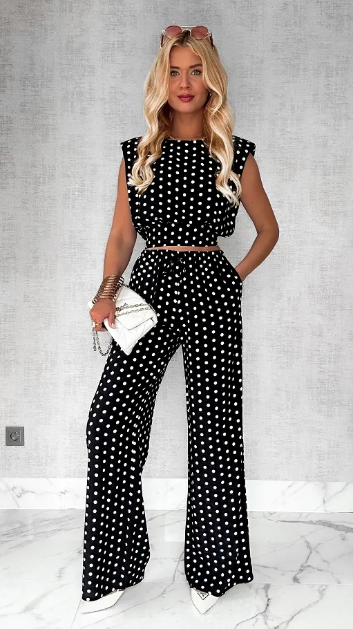 Czarny komplet na lato w grochy ONE SIZE z wiskozy - P803