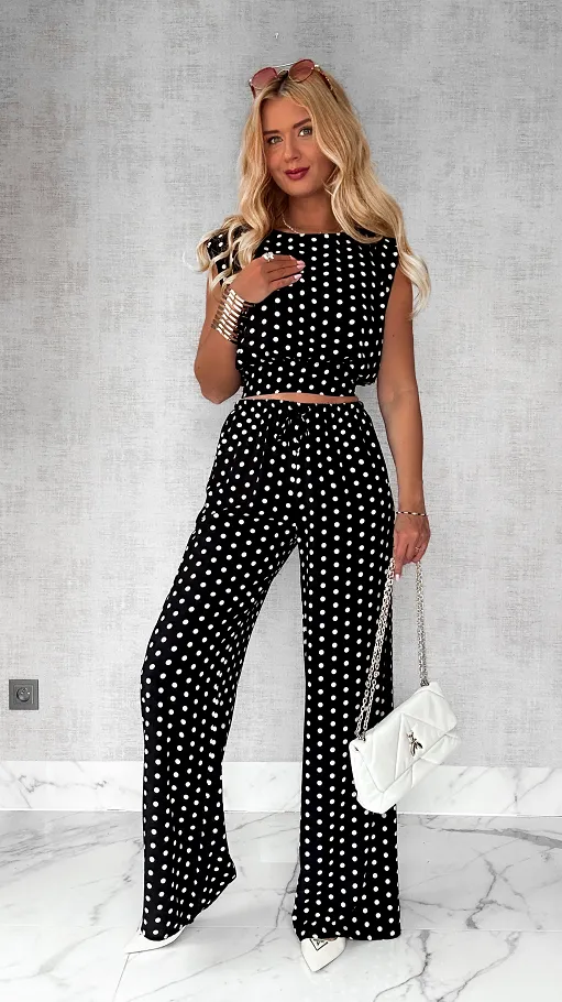 Czarny komplet na lato w grochy ONE SIZE z wiskozy - P803