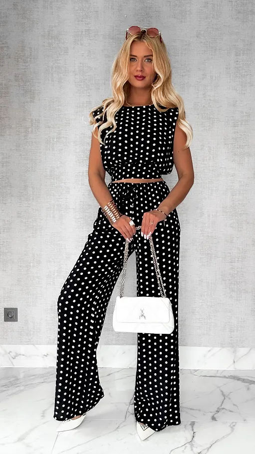 Czarny komplet na lato w grochy ONE SIZE z wiskozy - P803