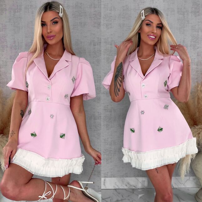 Super elegancka sukienka z kwiatowymi cyrkoniami PINK - R693A