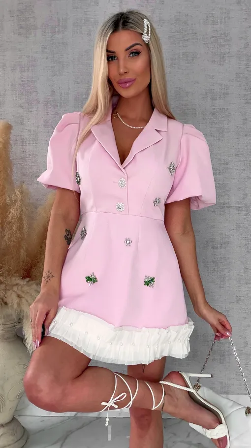 Super elegancka sukienka z kwiatowymi cyrkoniami PINK - R693A