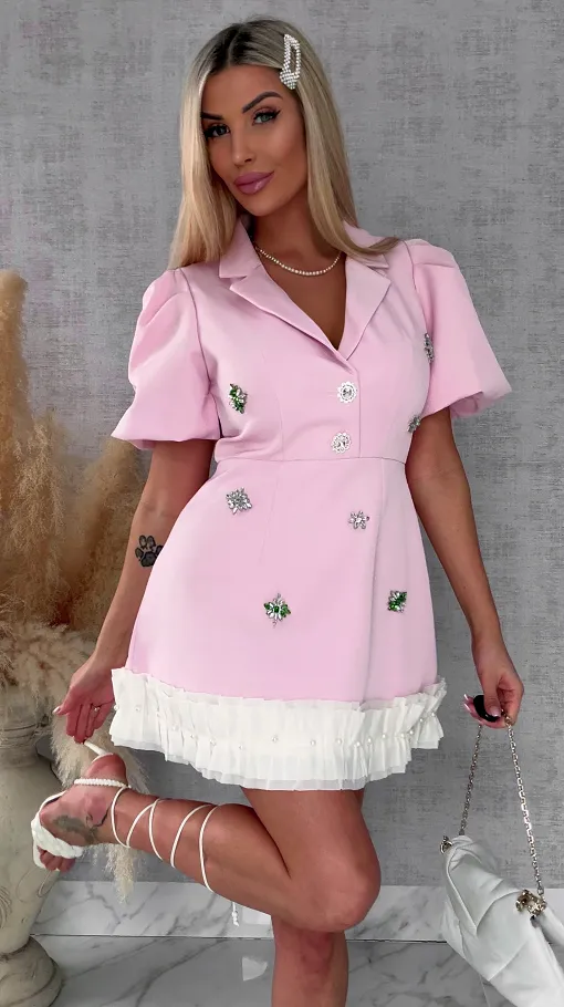 Super elegancka sukienka z kwiatowymi cyrkoniami PINK - R693A