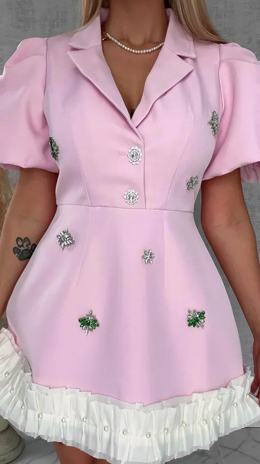 Super elegancka sukienka z kwiatowymi cyrkoniami PINK - R693A