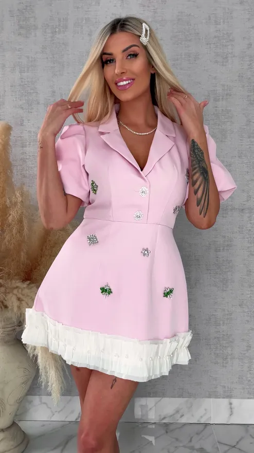 Super elegancka sukienka z kwiatowymi cyrkoniami PINK - R693A