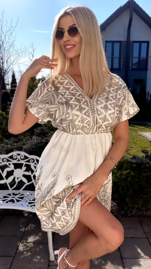 Idealna biała sukienka haftowana na złoto ONE SIZE - R911