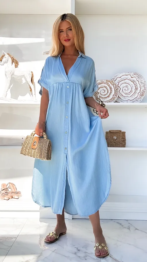 Miękka jeansowa MAXI sukienka z guzikami ONE SIZE - P795