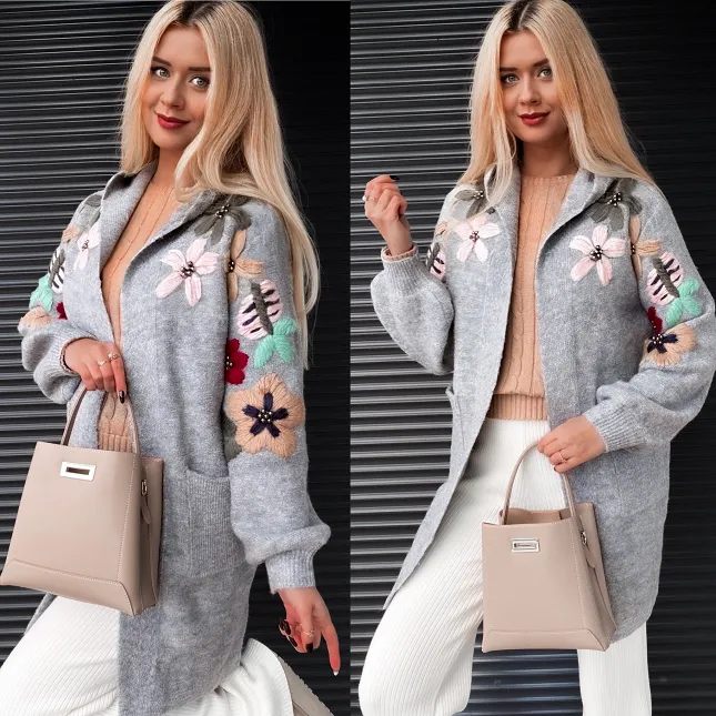 Oryginalny SZARY kardigan z kapturem zdobiony kwiatami ONE SIZE - P952E