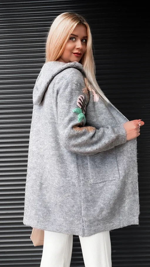 Oryginalny SZARY kardigan z kapturem zdobiony kwiatami ONE SIZE - P952E