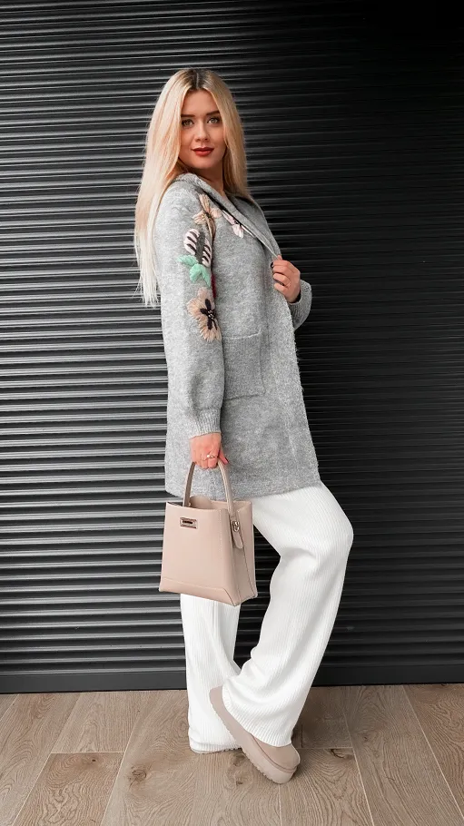 Oryginalny SZARY kardigan z kapturem zdobiony kwiatami ONE SIZE - P952E