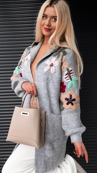 Oryginalny SZARY kardigan z kapturem zdobiony kwiatami ONE SIZE - P952E