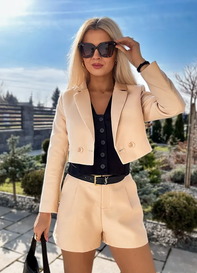 Elegancki BEŻOWY komplet marynarka + spodenki - M850