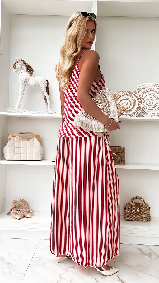 Idealny letni komplet w czerwone paski bluzka + spodnie ONE SIZE - P864A