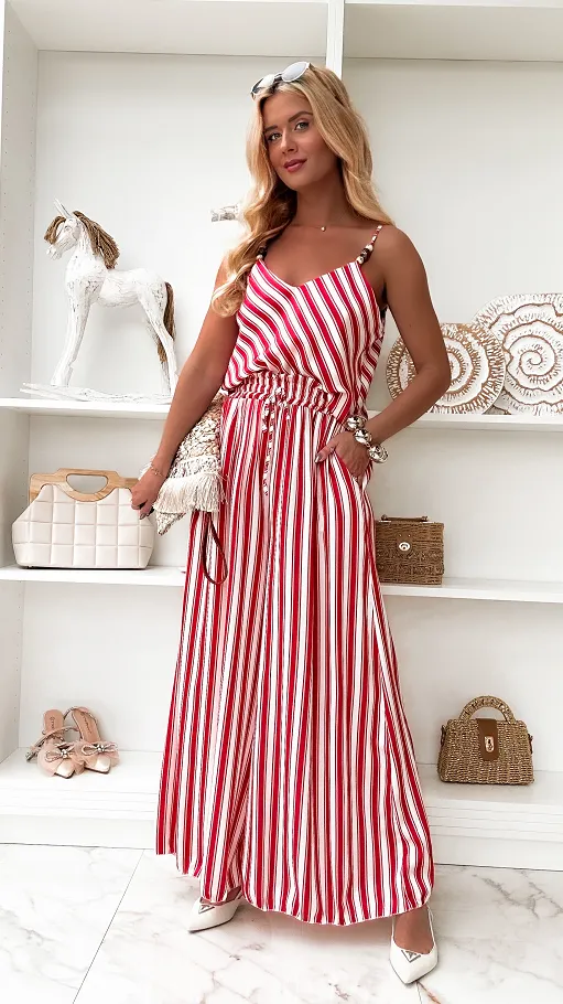 Idealny letni komplet w czerwone paski bluzka + spodnie ONE SIZE - P864A