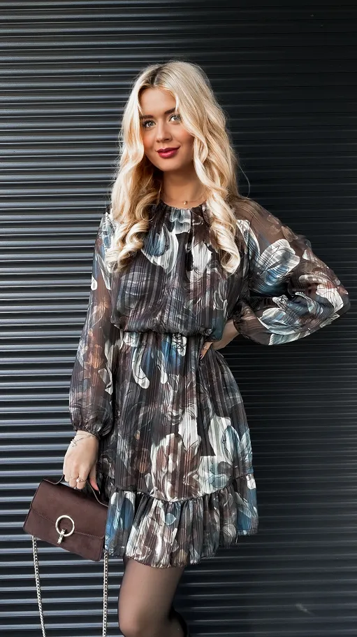 Elegancka brązowa sukienka w kwiaty ONE SIZE - R180