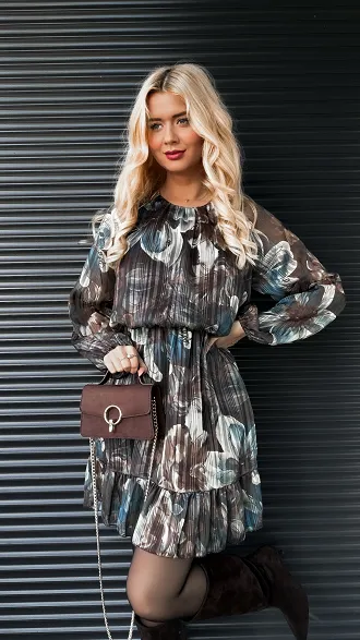 Elegancka brązowa sukienka w kwiaty ONE SIZE - R180