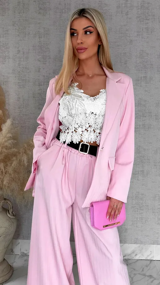 Idealny różowy komplet wiosenny żakiet + spodnie ONE SIZE - R805
