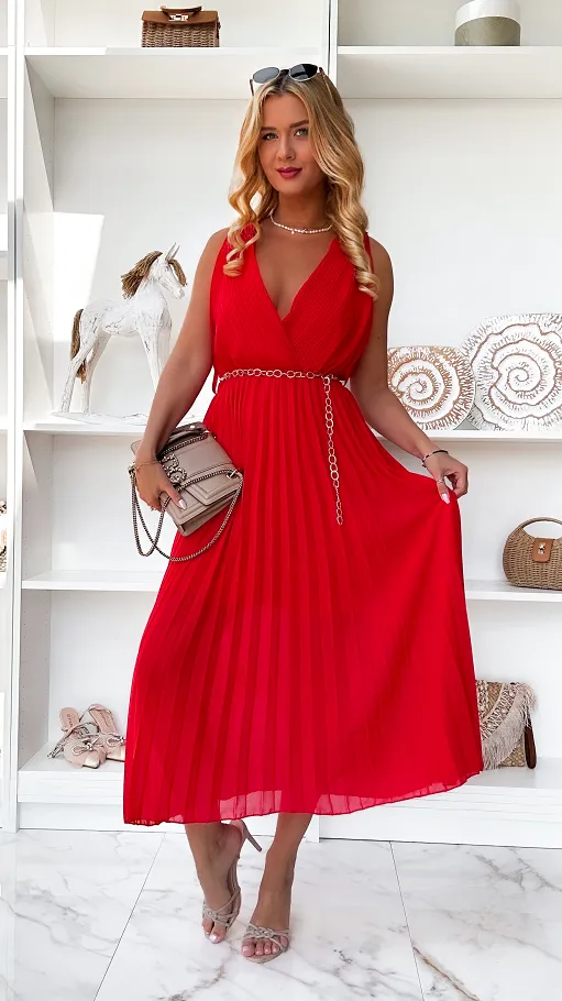 Długa MAXI plisowana sukienka na ramiączkach ONE SIZE czerwona - P850