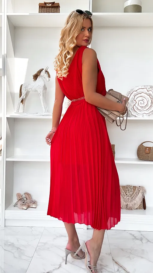 Długa MAXI plisowana sukienka na ramiączkach ONE SIZE czerwona - P850