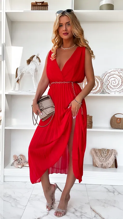 Długa MAXI plisowana sukienka na ramiączkach ONE SIZE czerwona - P850