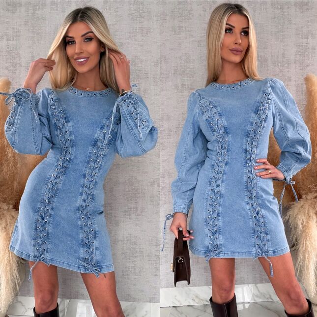 Oryginalna elastyczna sukienka jeansowa z wiązaniami BLUE JEANS - R712