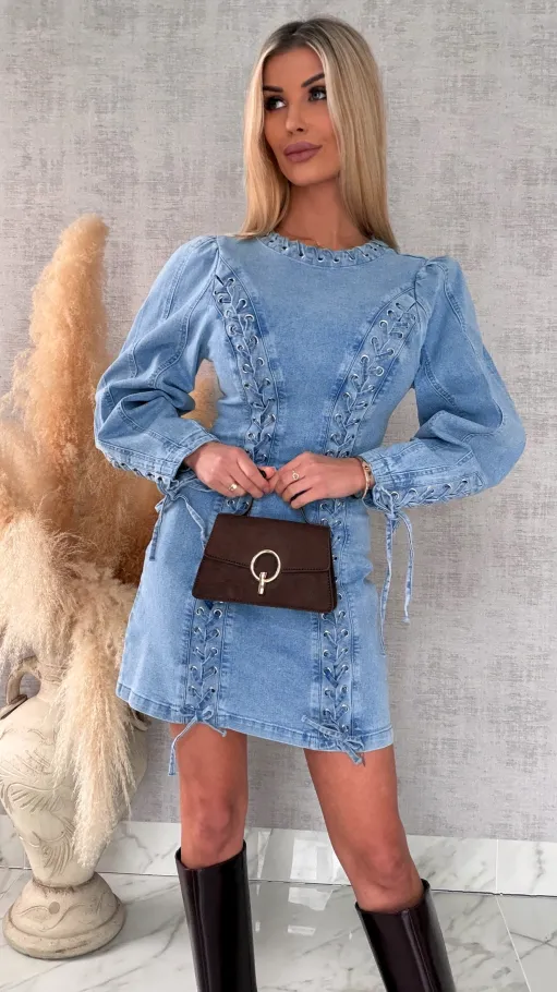 Oryginalna elastyczna sukienka jeansowa z wiązaniami BLUE JEANS - R712