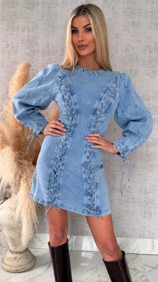 Oryginalna elastyczna sukienka jeansowa z wiązaniami BLUE JEANS - R712