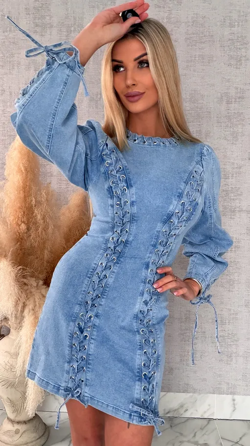 Oryginalna elastyczna sukienka jeansowa z wiązaniami BLUE JEANS - R712