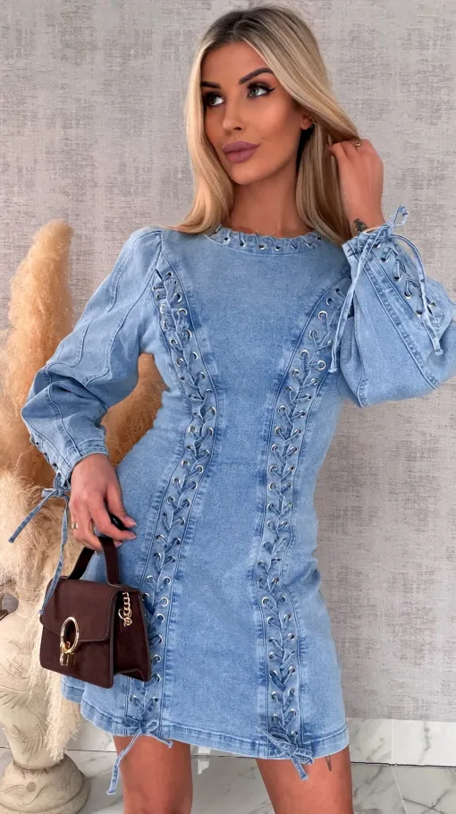 Oryginalna elastyczna sukienka jeansowa z wiązaniami BLUE JEANS - R712