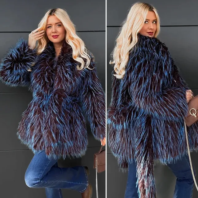 Ekskluzywne futro z wiązaniem BRĄZ z szafirem OVERSIZE - R121