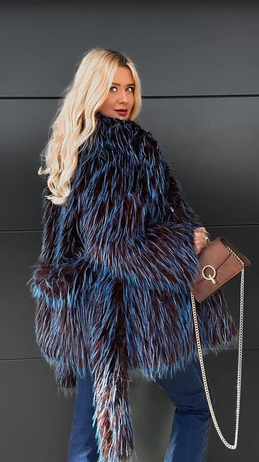 Ekskluzywne futro z wiązaniem BRĄZ z szafirem OVERSIZE - R121