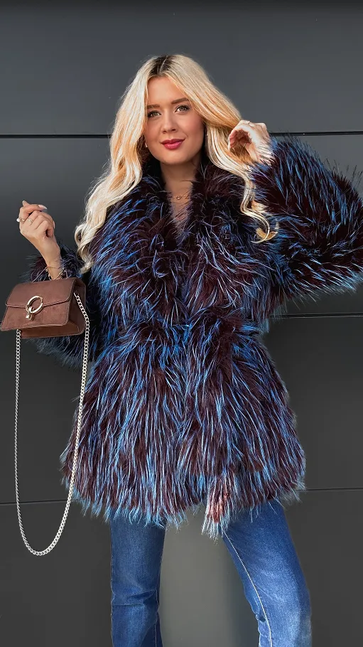 Ekskluzywne futro z wiązaniem BRĄZ z szafirem OVERSIZE - R121