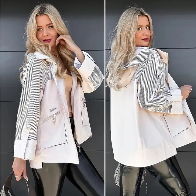 Kurtka przejściowa PARKA w beżowym kolorze zdobiona paskami - R050B