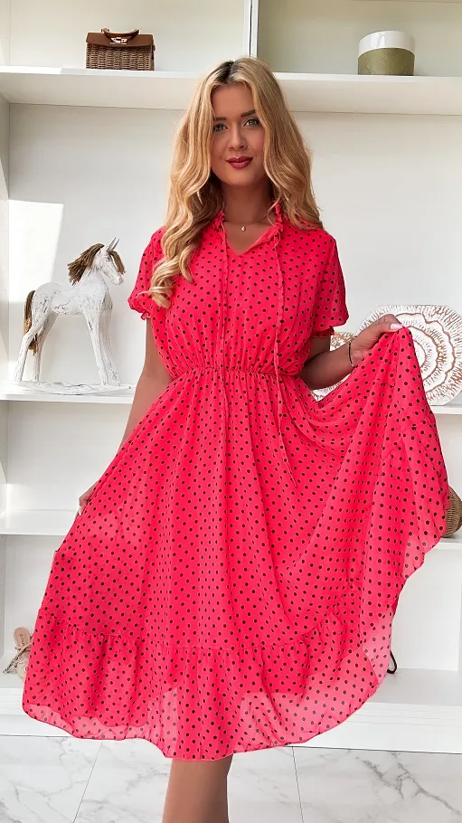 Koralowa midi sukienka w grochy ONE SIZE - P852