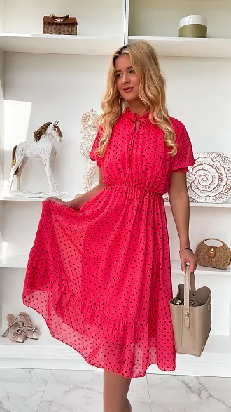 Koralowa midi sukienka w grochy ONE SIZE - P852