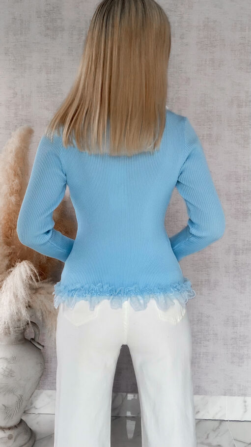 Modna dzianinowa bluzka z koronką i dzwonami ONE SIZE niebieska - R442D