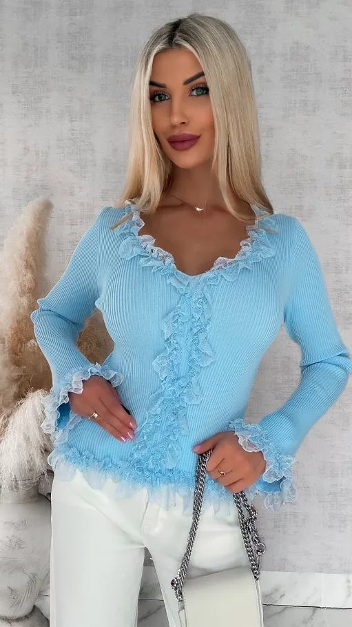 Modna dzianinowa bluzka z koronką i dzwonami ONE SIZE niebieska - R442D