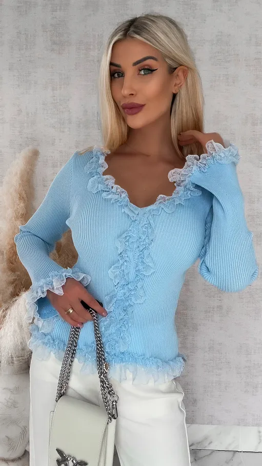 Modna dzianinowa bluzka z koronką i dzwonami ONE SIZE niebieska - R442D