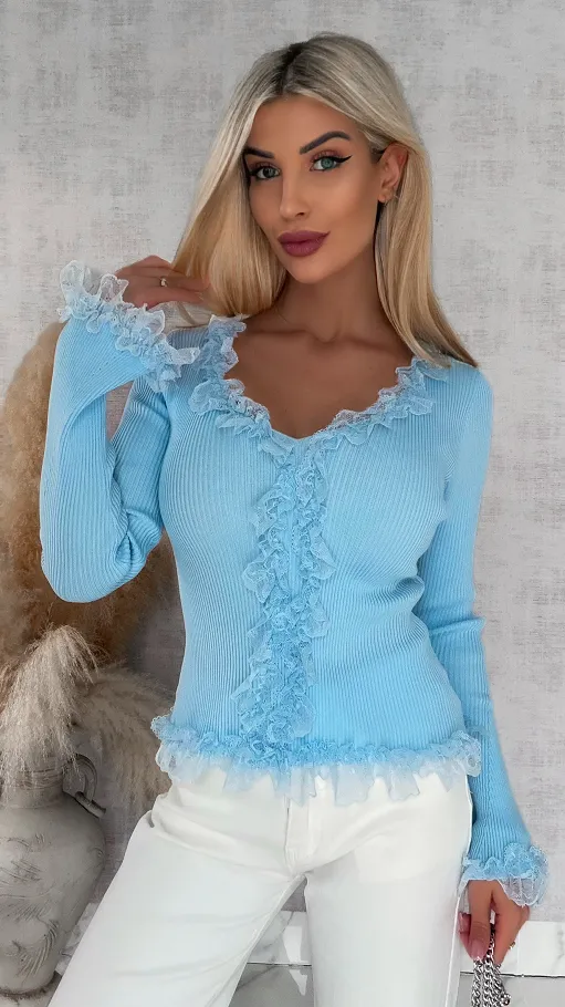 Modna dzianinowa bluzka z koronką i dzwonami ONE SIZE niebieska - R442D