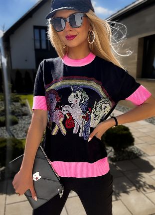 Czarna wyjątkowa bluzka sweterkowa KUCE PONY - L878A
