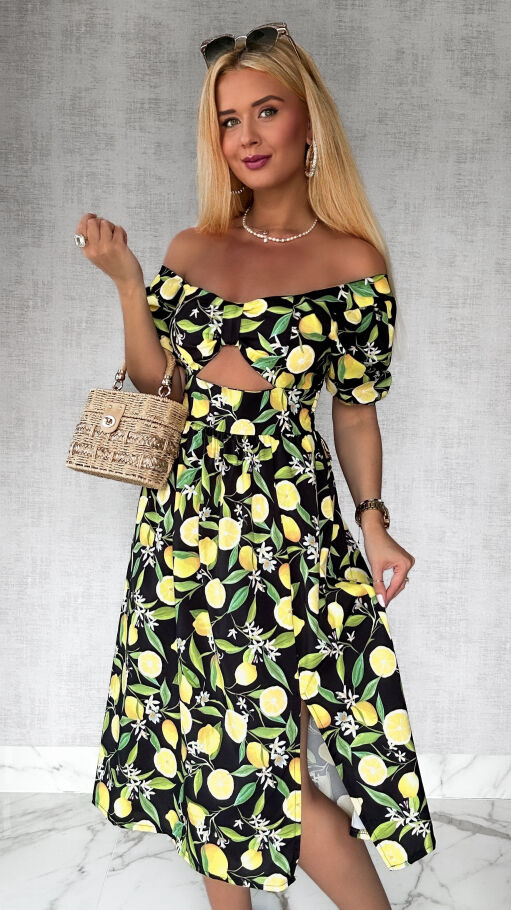 Czarna sukienka w cytryny z modnym dekoltem - P742