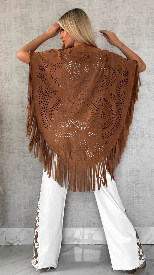 Oryginalna zamszowa BOHO narzutka ażurowa ONE SIZE - R488