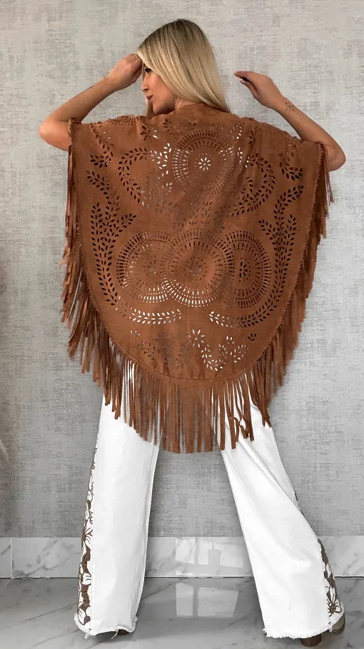 Oryginalna zamszowa BOHO narzutka ażurowa ONE SIZE - R488