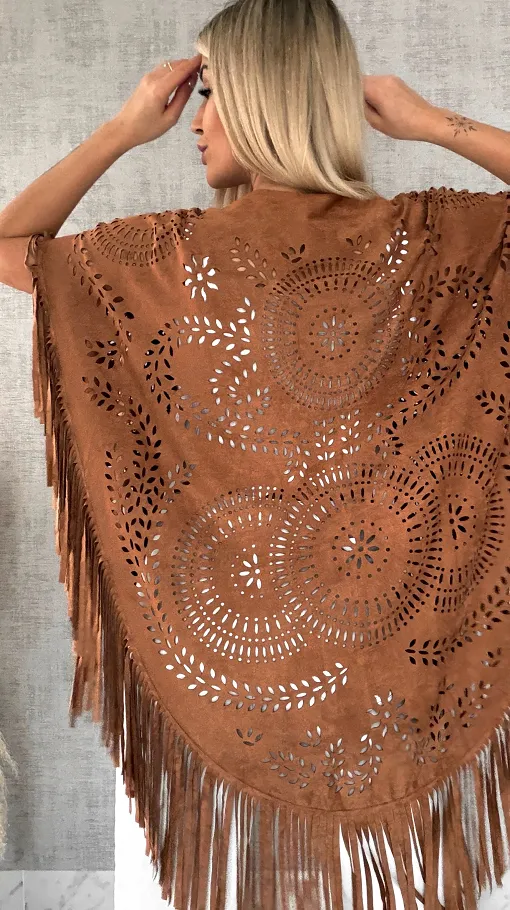 Oryginalna zamszowa BOHO narzutka ażurowa ONE SIZE - R488