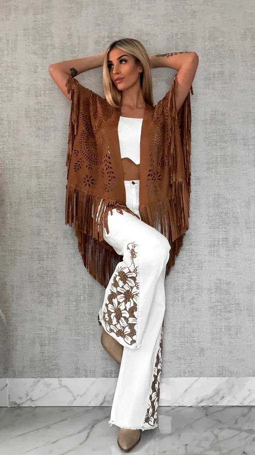 Oryginalna zamszowa BOHO narzutka ażurowa ONE SIZE - R488