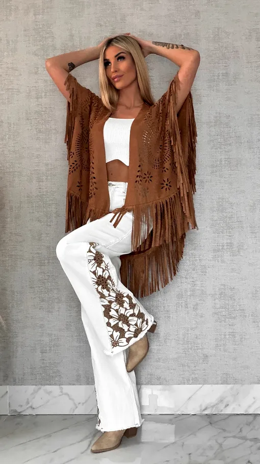 Oryginalna zamszowa BOHO narzutka ażurowa ONE SIZE - R488