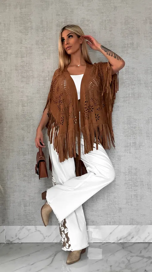 Oryginalna zamszowa BOHO narzutka ażurowa ONE SIZE - R488