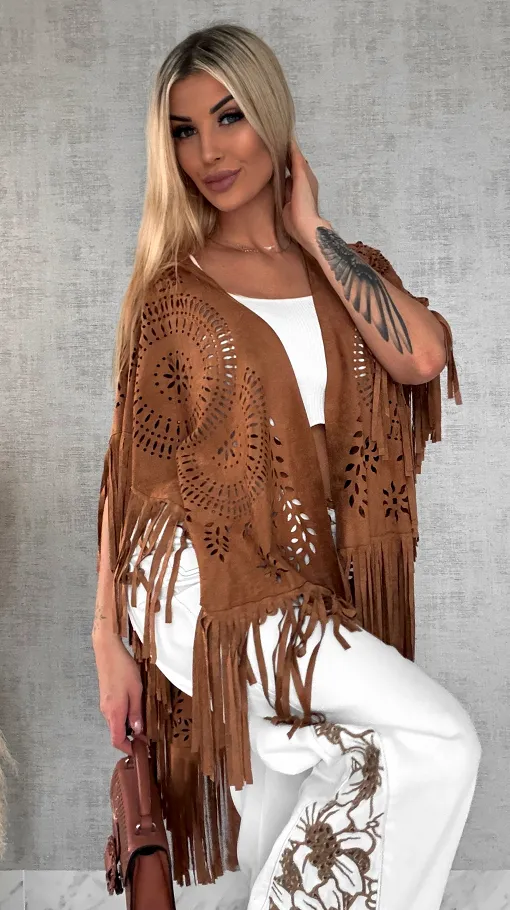 Oryginalna zamszowa BOHO narzutka ażurowa ONE SIZE - R488