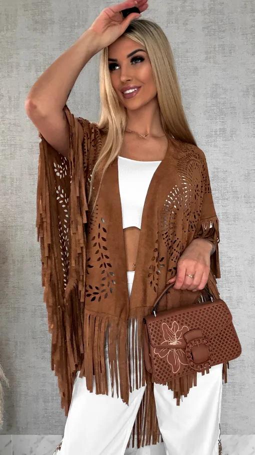 Oryginalna zamszowa BOHO narzutka ażurowa ONE SIZE - R488
