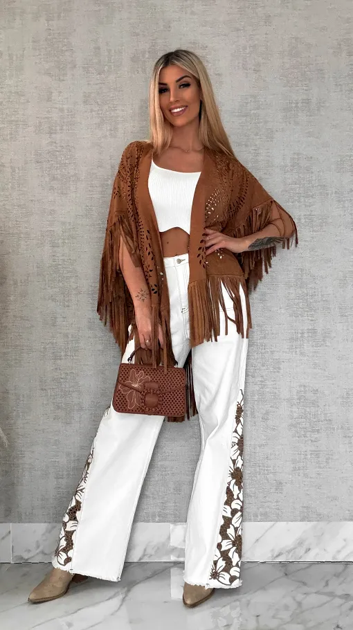 Oryginalna zamszowa BOHO narzutka ażurowa ONE SIZE - R488